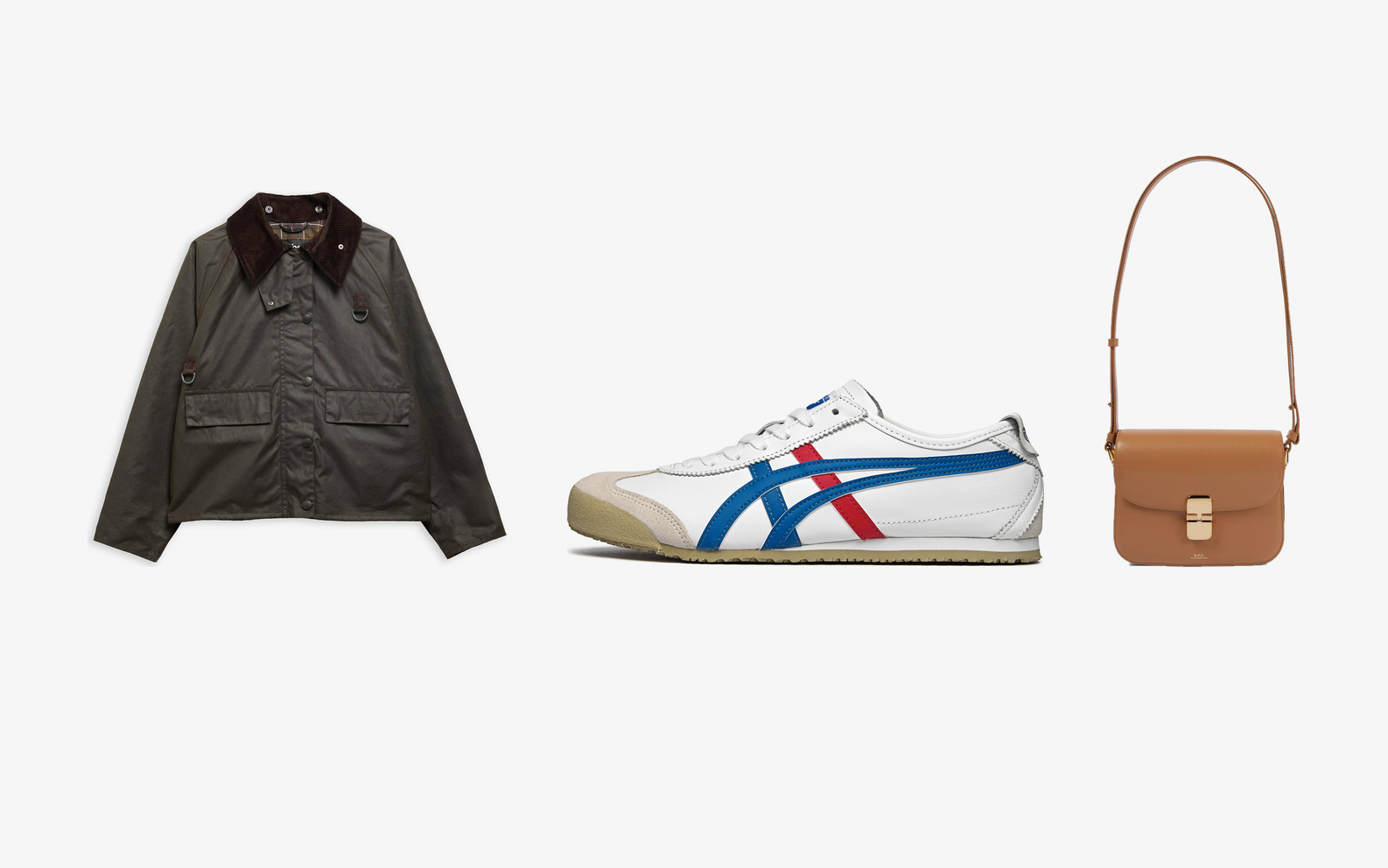 Песочная куртка Carhartt, вязаный кардиган adidas Originals, чёрная сумка Coach и коробка adidas на стальной витрине